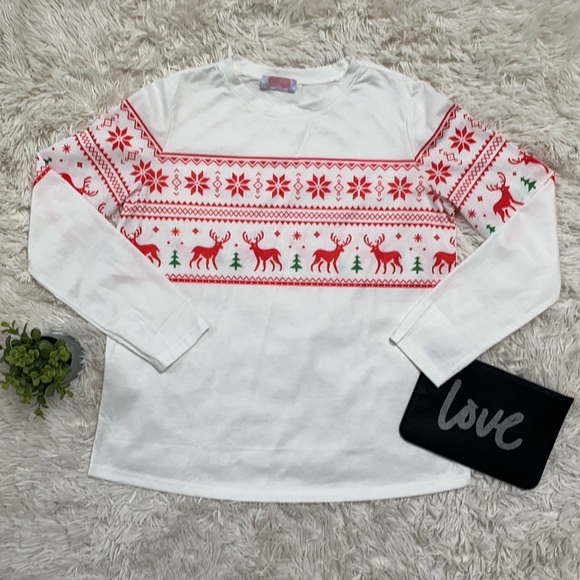 🎉2X HP🎉 C+D+M Fair Isle Reindeer LS Tee 💗 White Red Green - Picture 2 of 12